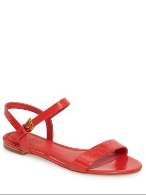 Tory Burch Women’s 8 Poppy Red Patent Leather Ankle Strap Flat Sandals in EUC